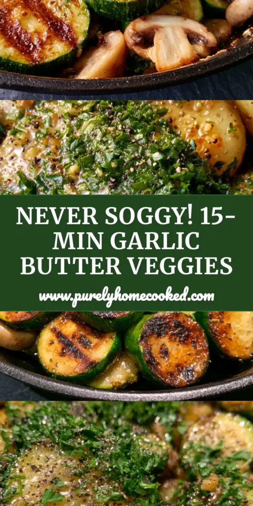 Skillet Zucchini and Mushrooms with Garlic Butter Glaze 4 A top-down view of Skillet Zucchini and Mushrooms in a cast iron pan with garlic butter glaze and fresh parsley.