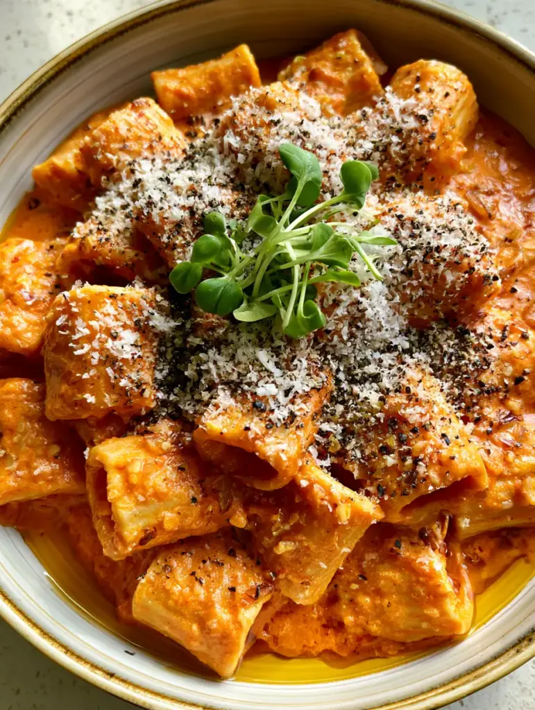 Creamy Garlic Tomato Pasta with Silky Rigatoni and Chili Oil 1 High angle shot of Creamy Garlic Tomato Pasta topped with pecorino and micro-basil on a textured off-white background.