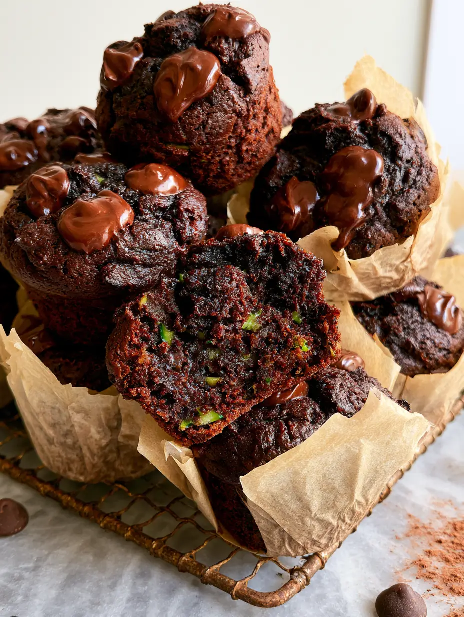 Chocolate Zucchini Muffins with Fudgy Cocoa Crumbs and Melted Chocolate Chunks 3 Extreme macro close-up of dark chocolate zucchini muffins showing glistening chocolate chunks and green zucchini flecks. (chocolate zucchini muffins)