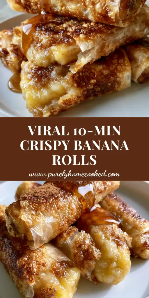 Caramelized Banana Rice Paper Rolls (Air Fried & Crispy) 4 A stack of golden-brown crispy caramelized banana rice paper rolls on a white plate with maple syrup drizzle and cinnamon. (caramelized banana rice paper rolls)