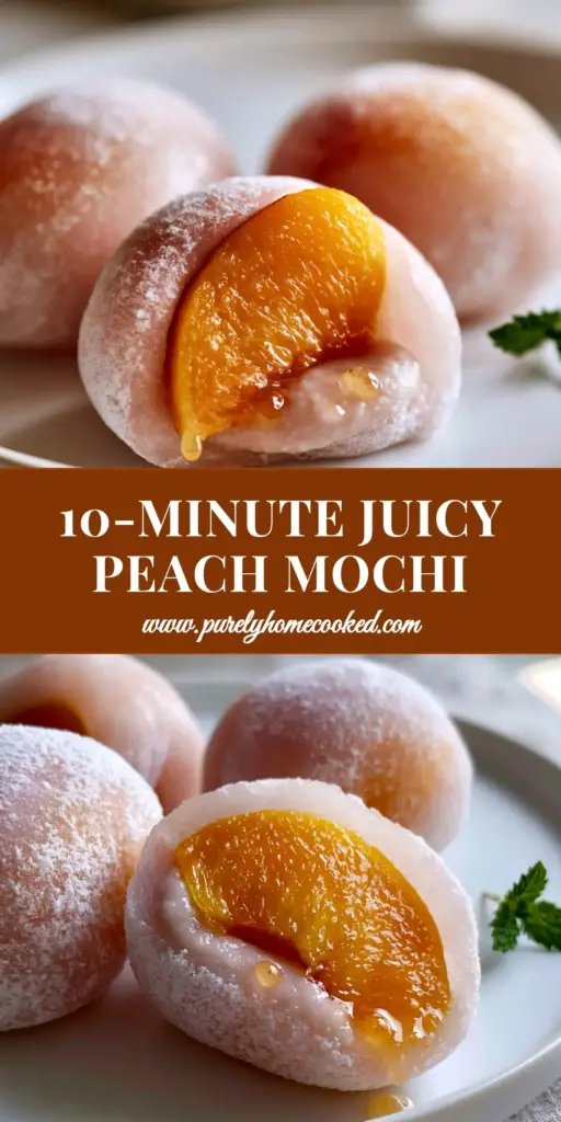 Peach Mochi: The Ultimate Soft and Pillowy Summer Dessert Recipe 4 Three handcrafted Peach Mochi balls on a white plate with one sliced to show the peach wedge and white bean paste layer.