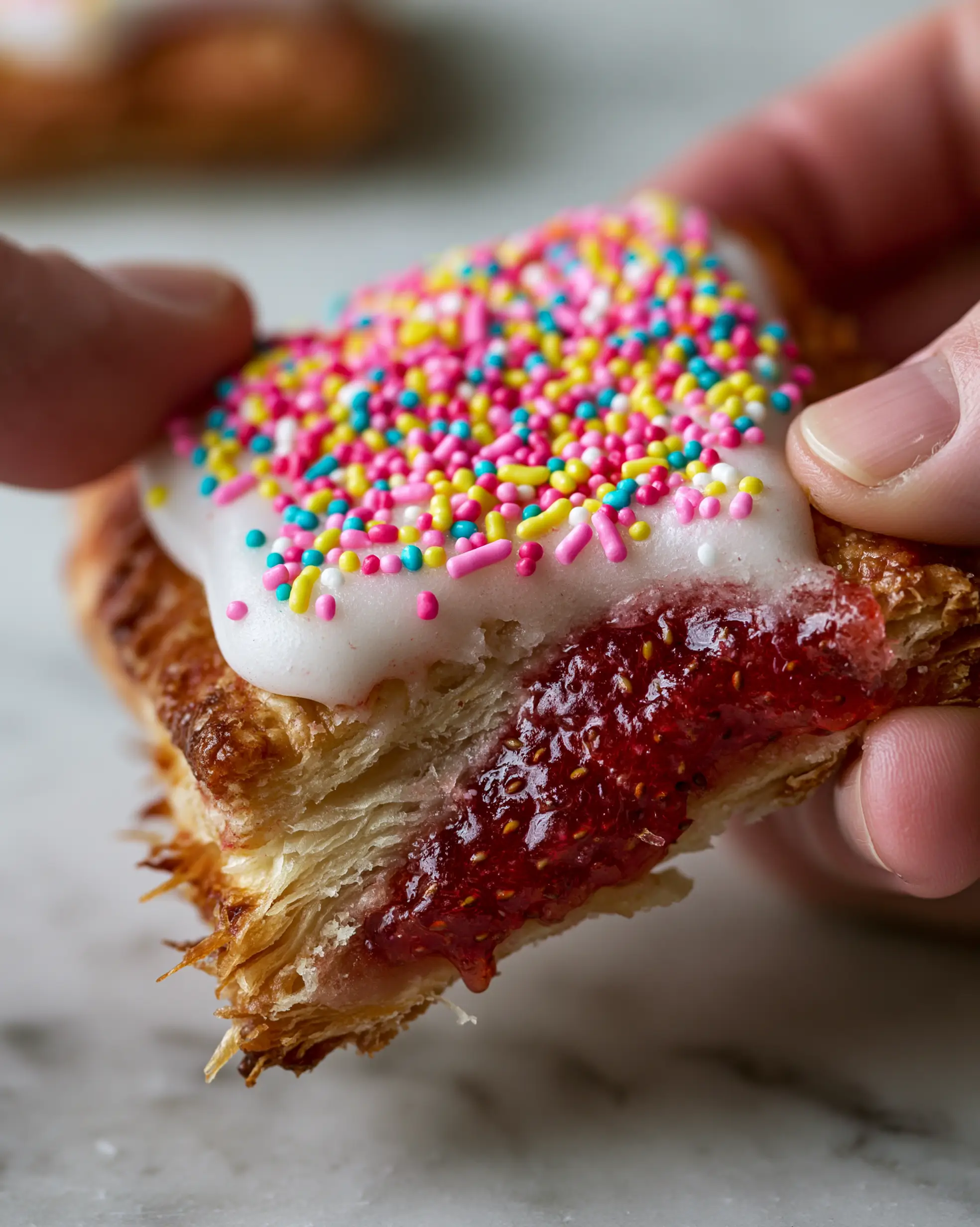 Macro close-up of a homemade strawberry pop tart being pulled apart to reveal the glistening jam. (homemade pop tarts)