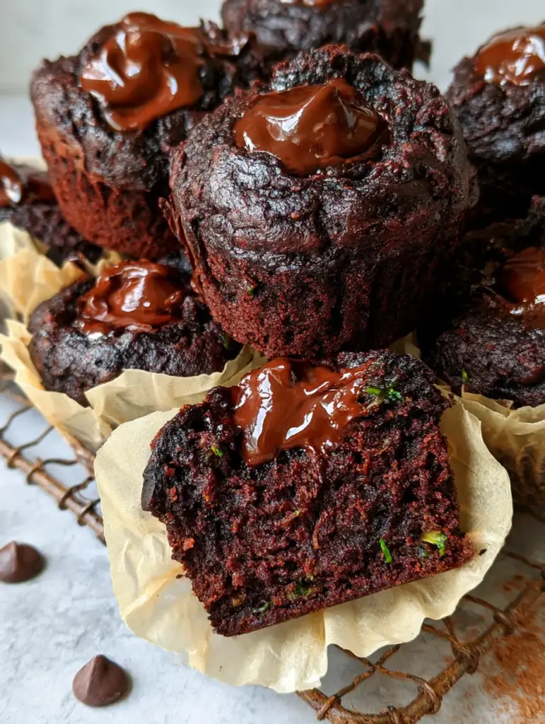 Chocolate Zucchini Muffins with Fudgy Cocoa Crumbs and Melted Chocolate Chunks 1 Broken open chocolate zucchini muffin revealing a steaming, moist interior on a marble surface. (chocolate zucchini muffins)