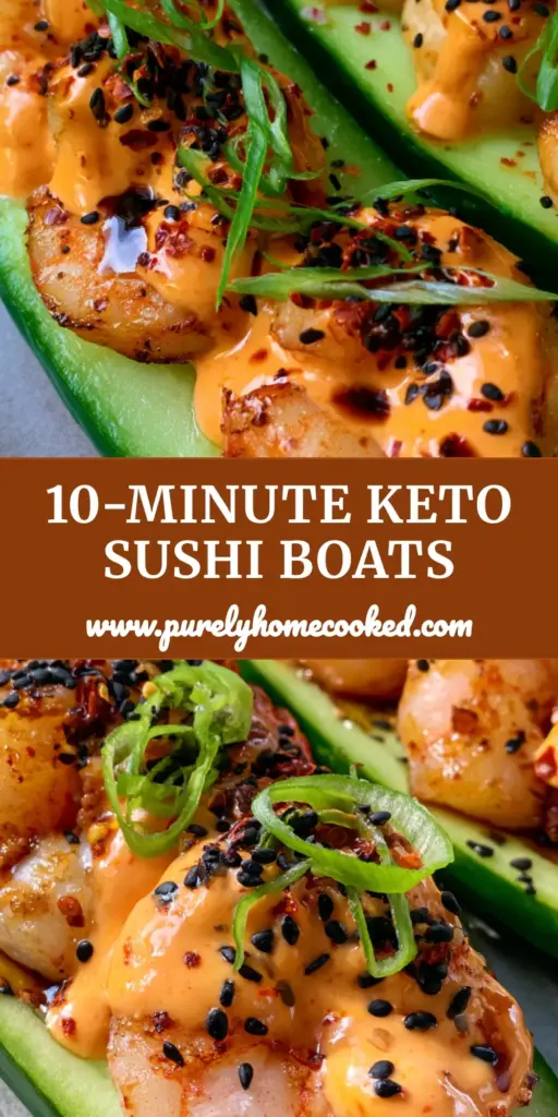 Spicy Shrimp Cucumber Sushi boats: The Ultimate Low-Carb Gourmet Appetizer 4 A handheld smartphone photo of three Spicy Shrimp Cucumber Sushi boats garnished with sriracha mayo, soy glaze, and black sesame seeds on a matte stone plate.