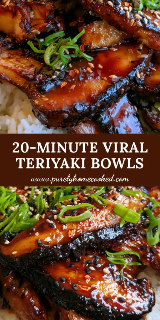 A close-up of a Teriyaki mushrooms and rice bowl in a matte charcoal ceramic dish, featuring glossy seared mushrooms and vibrant green scallions.