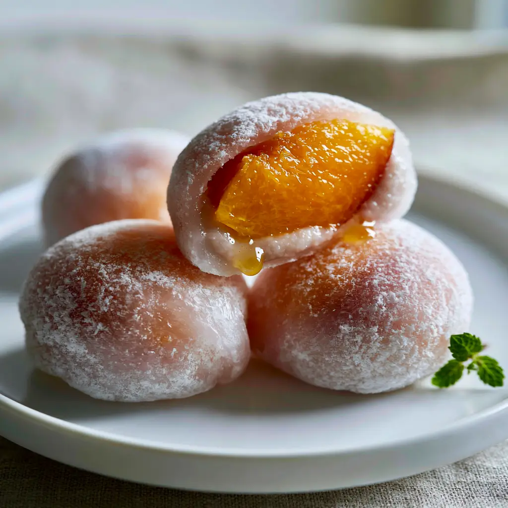 Peach Mochi: The Ultimate Soft and Pillowy Summer Dessert Recipe 2 Macro close-up of translucent pale pink Peach Mochi with a velvety starch dusting and mint garnish.