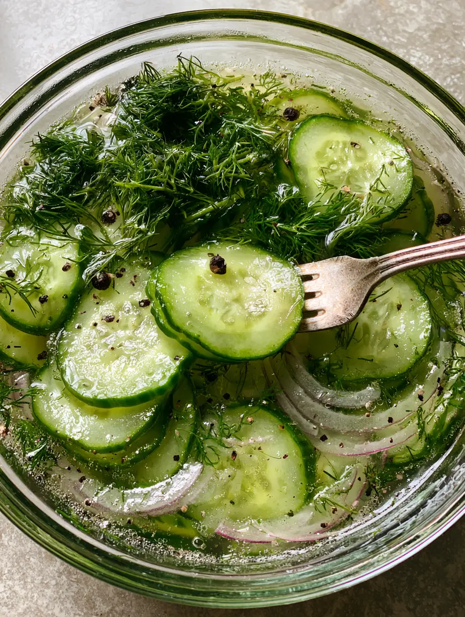 Cucumbers and Onions in Vinegar: The Ultimate Crisp Summer Salad 4 Paper-thin slices of English cucumbers and translucent red onion crescents in a shimmering brine. (Cucumbers and onions in vinegar)