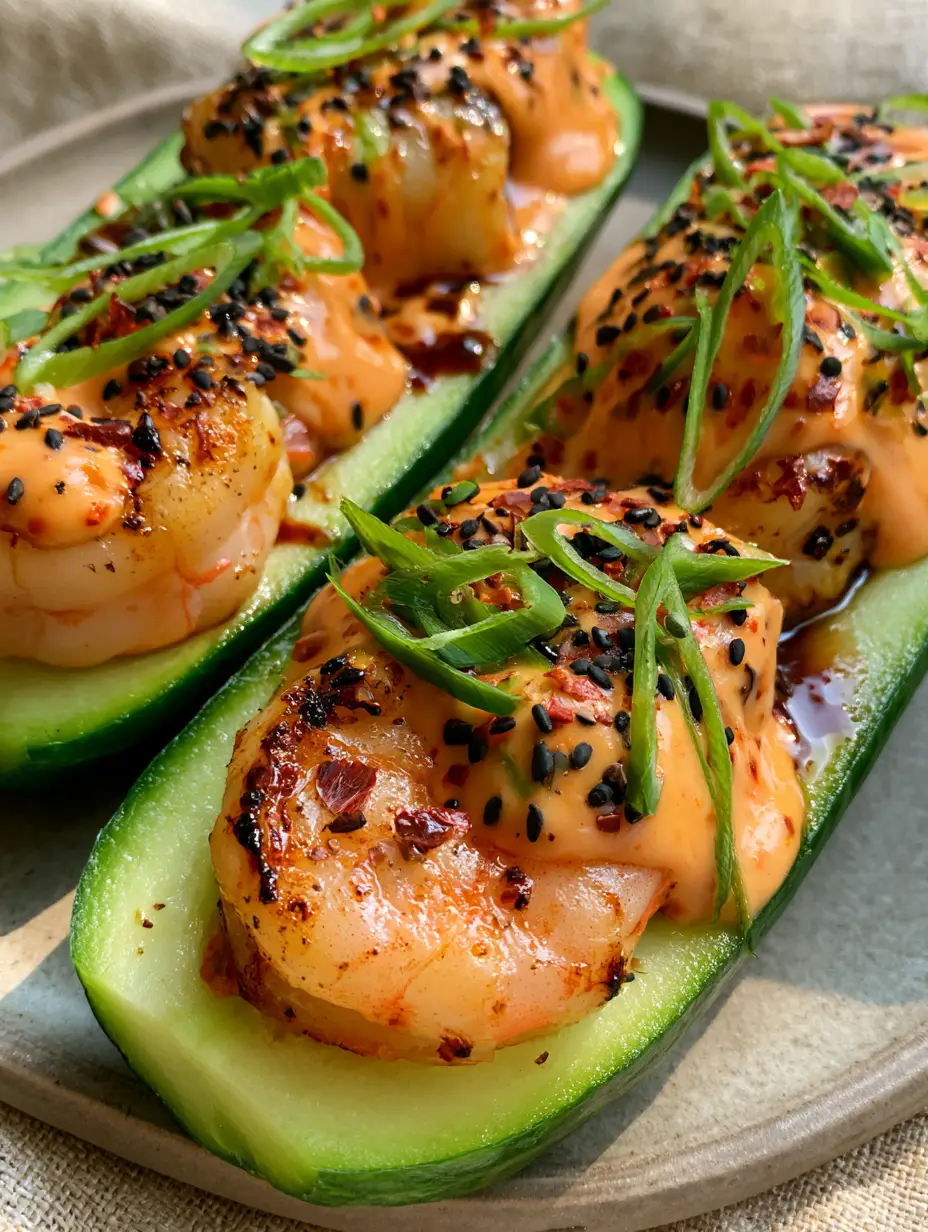 Spicy Shrimp Cucumber Sushi boats: The Ultimate Low-Carb Gourmet Appetizer 3 Close up of three Spicy Shrimp Cucumber Sushi boats on a matte stone plate showing charred shrimp and glossy sriracha mayo.