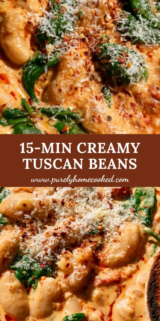 A rustic matte black skillet filled with creamy Tuscan butter beans, vibrant spinach, and sun-dried tomatoes, garnished with micro-planed Parmesan.