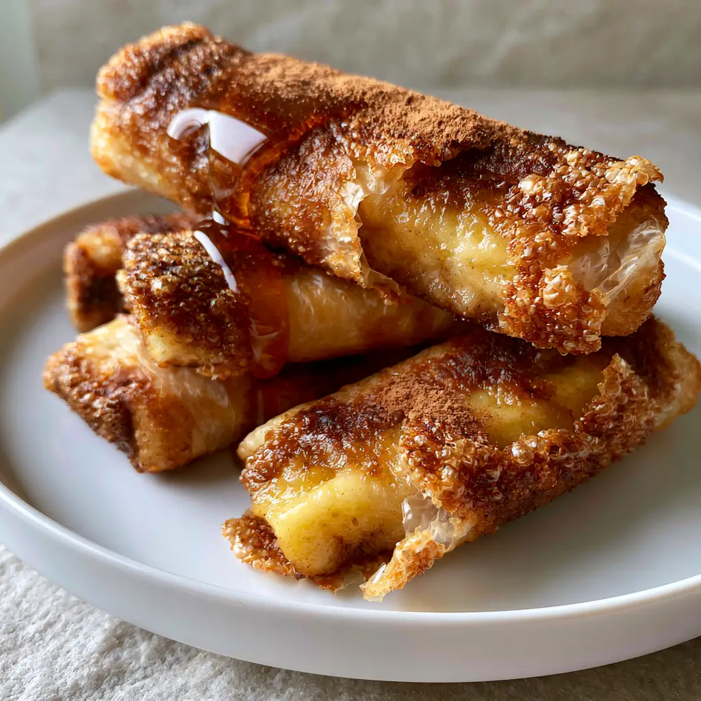 Caramelized Banana Rice Paper Rolls (Air Fried & Crispy) 1 Gooey steamed yellow banana center inside a crispy golden-brown rice paper shell.