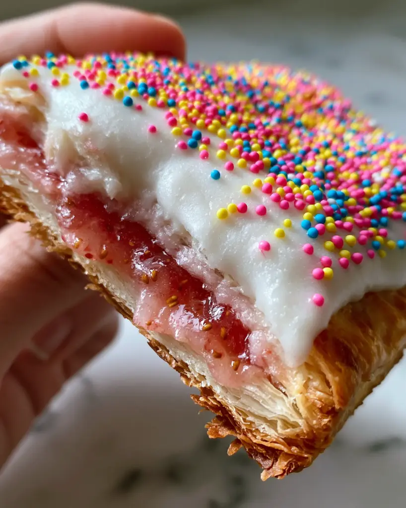 A close up view of a golden brown homemade pop tart with white matte icing and sprinkles.