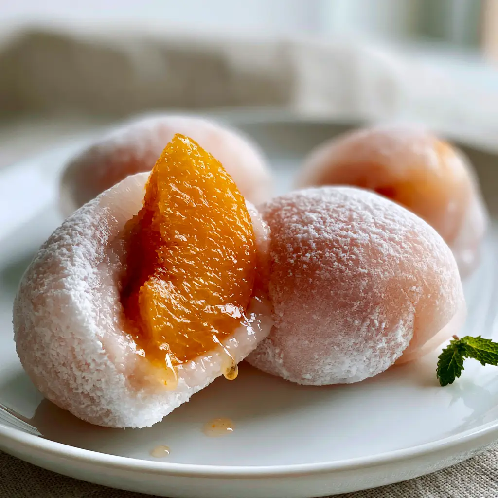 Peach Mochi: The Ultimate Soft and Pillowy Summer Dessert Recipe 1 Sliced Peach Mochi revealing a vibrant orange peach wedge nestled in sweet white bean paste.