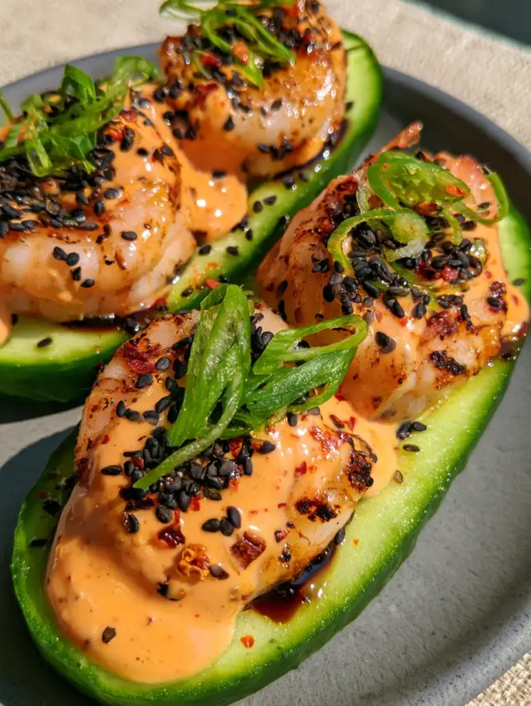 Spicy Shrimp Cucumber Sushi boats: The Ultimate Low-Carb Gourmet Appetizer 1 Side view of Spicy Shrimp Cucumber Sushi boats showcasing the thick orange sriracha mayo and dark soy glaze drizzle.
