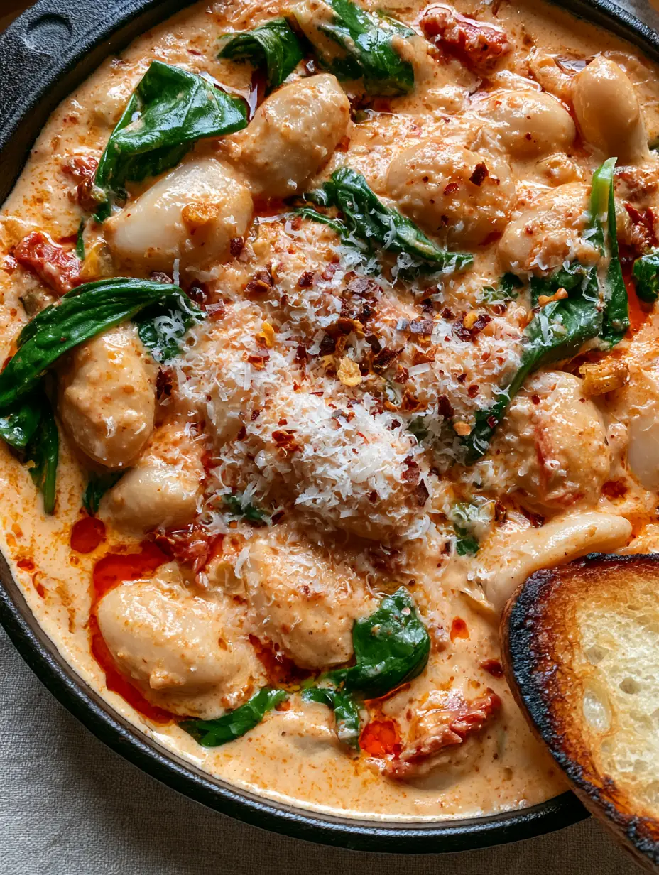 Top-down view of Tuscan butter beans in a velvety orange cream sauce with wilted spinach and toasted garlic in a black cast iron skillet.