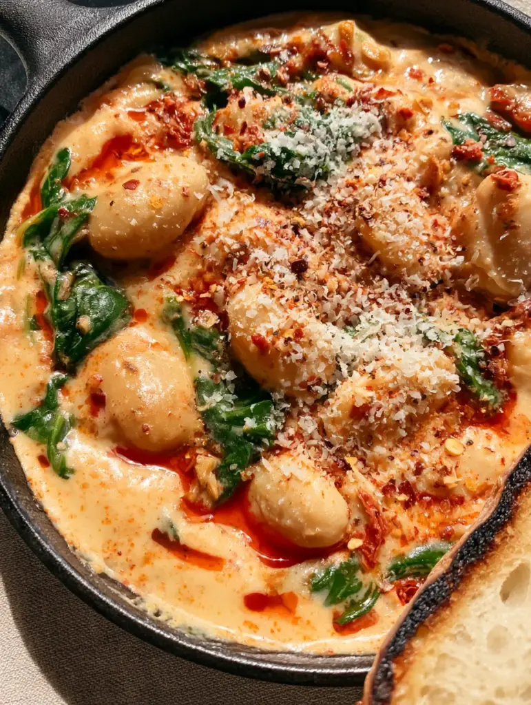 A slice of charred sourdough bread dipping into a skillet of creamy white beans with sun-dried tomatoes and spinach.