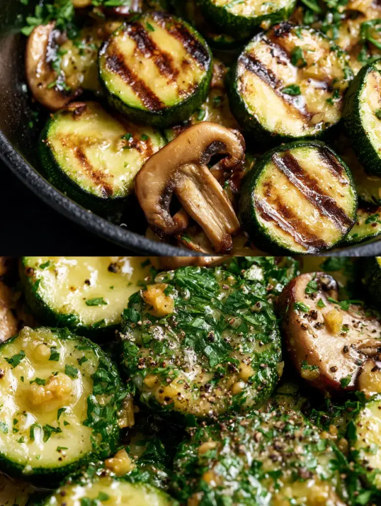 Skillet Zucchini and Mushrooms with Garlic Butter Glaze 1 Macro shot of seared zucchini rounds and mushrooms coated in garlic butter and Maldon salt.