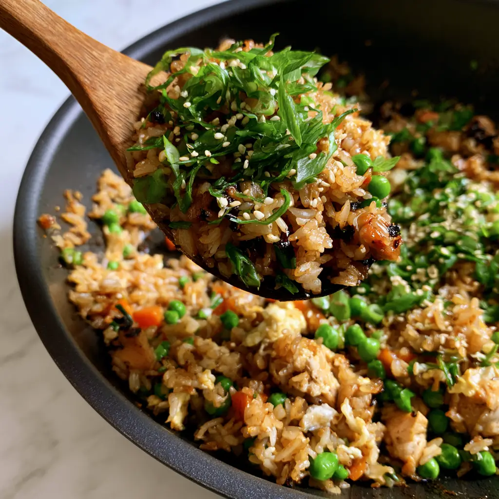 A high-resolution shot of fried rice garnished with paper-thin scallions and toasted white sesame seeds on a white marble countertop.