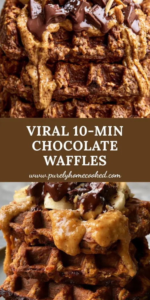 Chocolate Almond Oat Waffles: The Ultimate Crispy and Healthy Breakfast 4 A stack of three golden-brown chocolate almond oat waffles topped with a thick almond butter drizzle, melting dark chocolate, and banana slices on a matte ceramic plate.