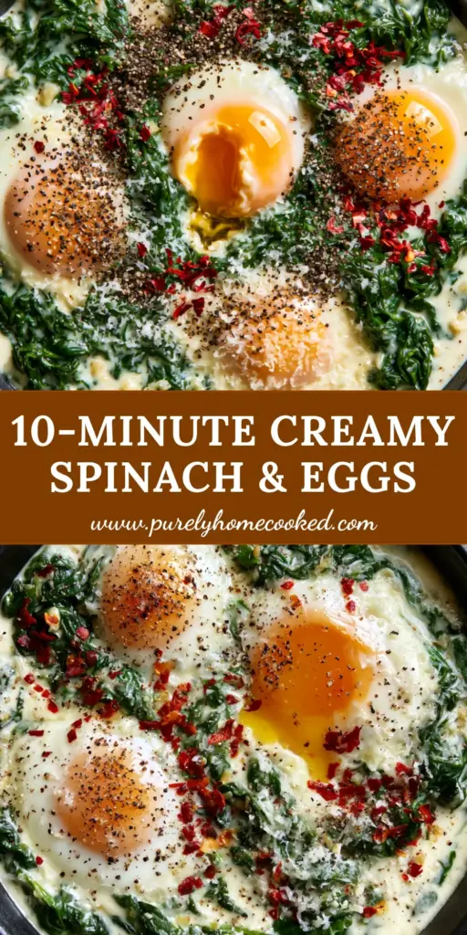 Top-down view of Creamy Spinach and Eggs in a matte black skillet with runny orange yolks and chili flakes.