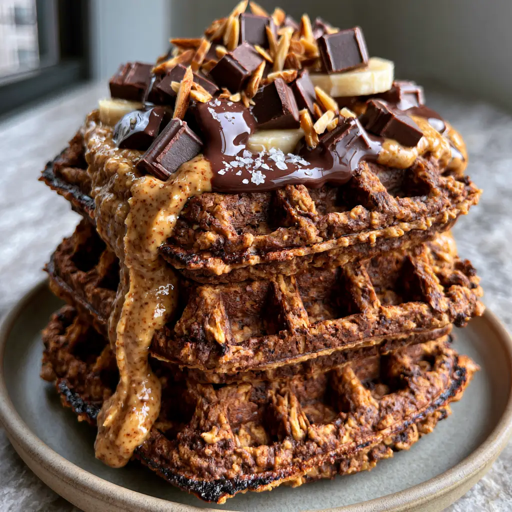 Chocolate Almond Oat Waffles: The Ultimate Crispy and Healthy Breakfast 2 Close-up of thick, crispy chocolate almond oat waffles with deep square pockets filled with almond butter and melting chocolate chunks.
