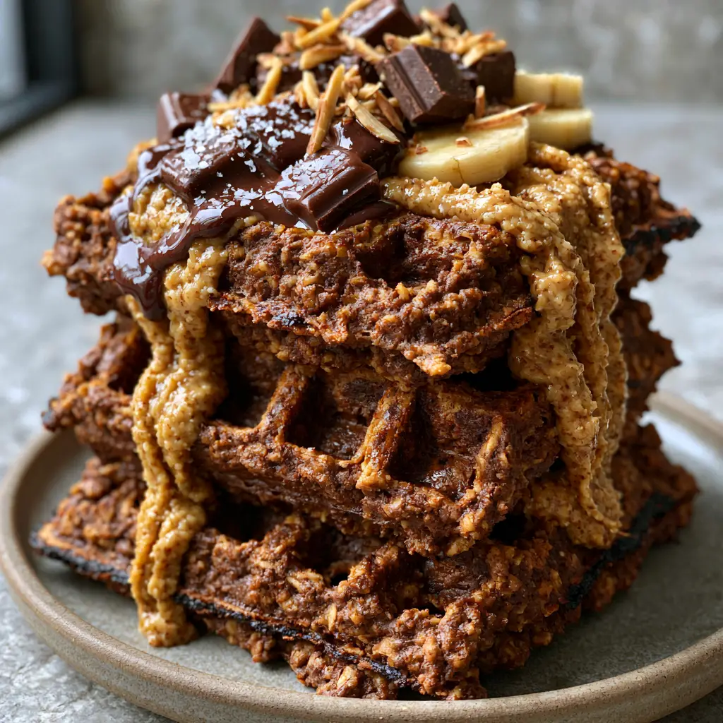 Chocolate Almond Oat Waffles: The Ultimate Crispy and Healthy Breakfast 1 Handheld smartphone photo of chocolate almond oat waffles with a slight char on the edges, topped with banana and sea salt on a grey countertop.