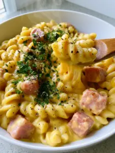 Close-up of velvet-smooth sharp cheddar sauce on rotini noodles with pink ham. (Instant Pot Ham and Cheese Pasta)