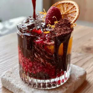 Dynamic pour shot of a rich Fruit Cocoa Punch into a sleek ribbed crystal glass filled with clear ice cubes.