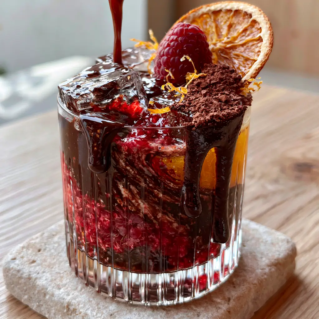 Fruit Cocoa Punch: A Refreshing Raspberry and Chocolate Orange Indulgence 2 Dynamic pour shot of a rich Fruit Cocoa Punch into a sleek ribbed crystal glass filled with clear ice cubes.