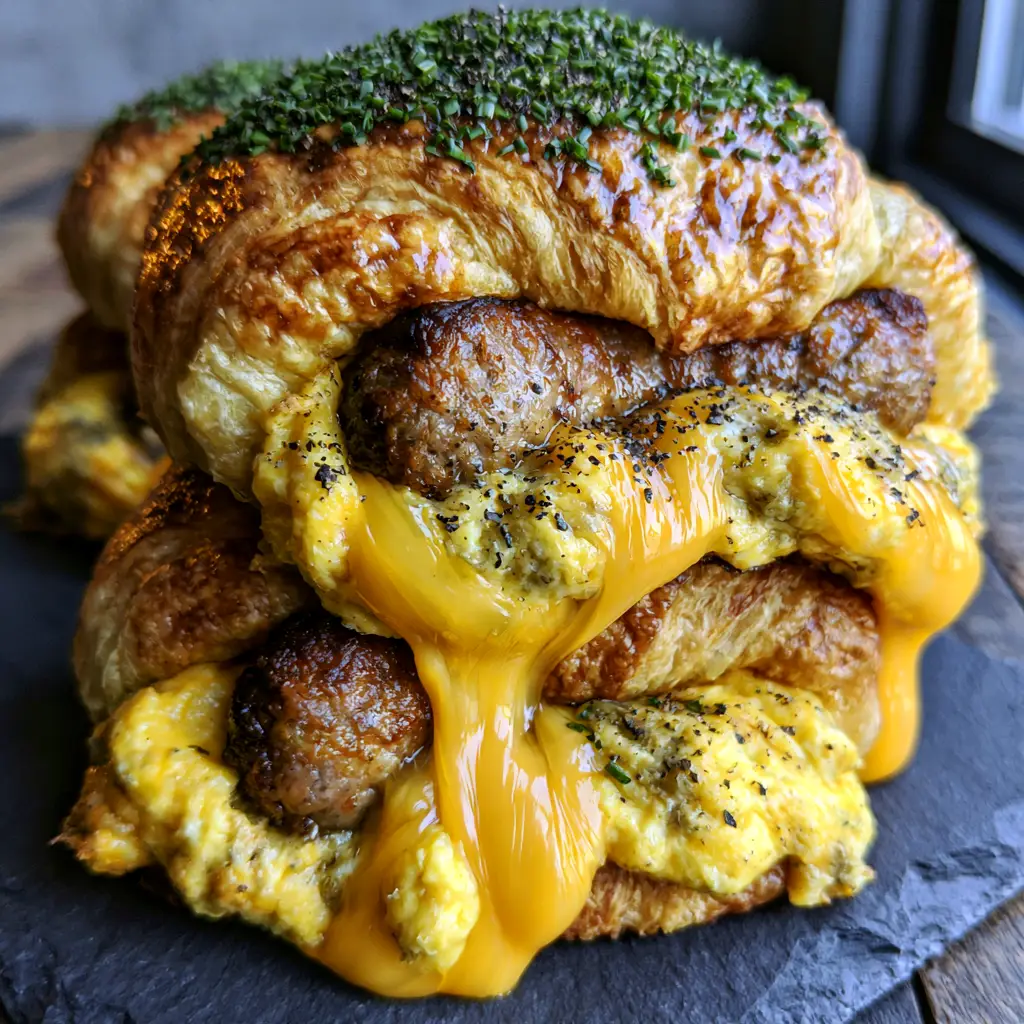 A handheld breakfast roll-up being held, showing fluffy soft-scrambled eggs and a well-seared sausage inside.