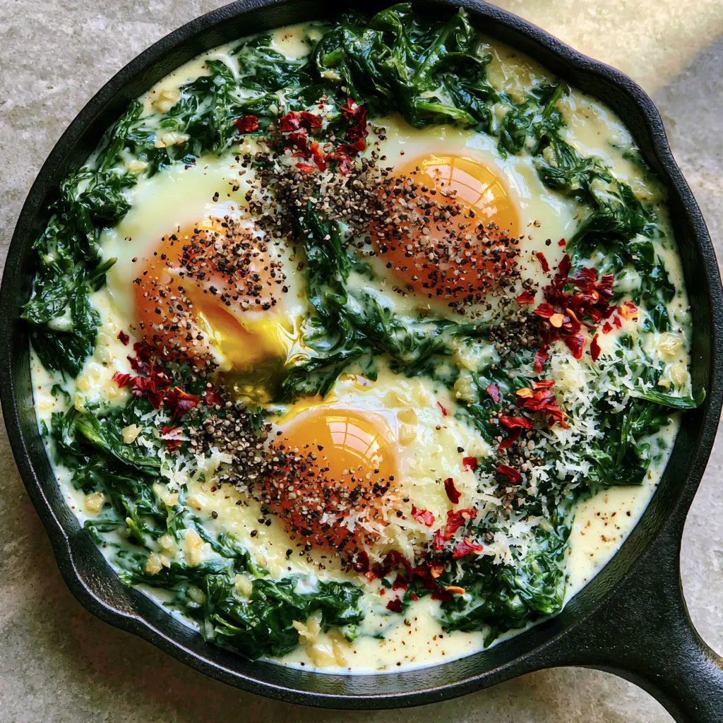 Overhead shot of three soft-cooked eggs nestled in creamy garlic spinach with parmesan dusting.