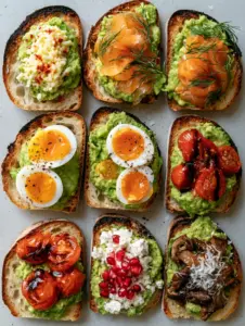 Top-down view of multiple avocado toast ideas including grated egg, chili flakes, and fresh dill on a grey surface.