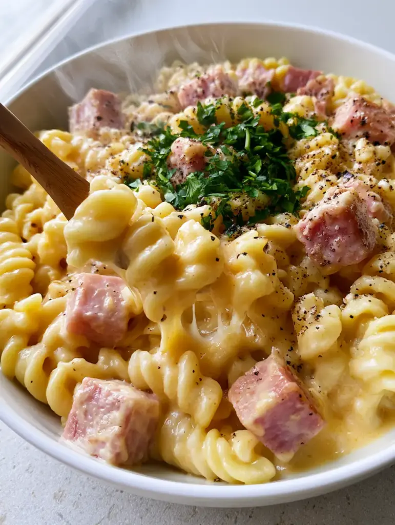 Instant Pot Ham and Cheese Pasta: The Ultimate 15-Minute Creamy Comfort Food 1 A wooden spoon lifting a portion of Instant Pot Ham and Cheese Pasta to show a realistic cheese stretch.