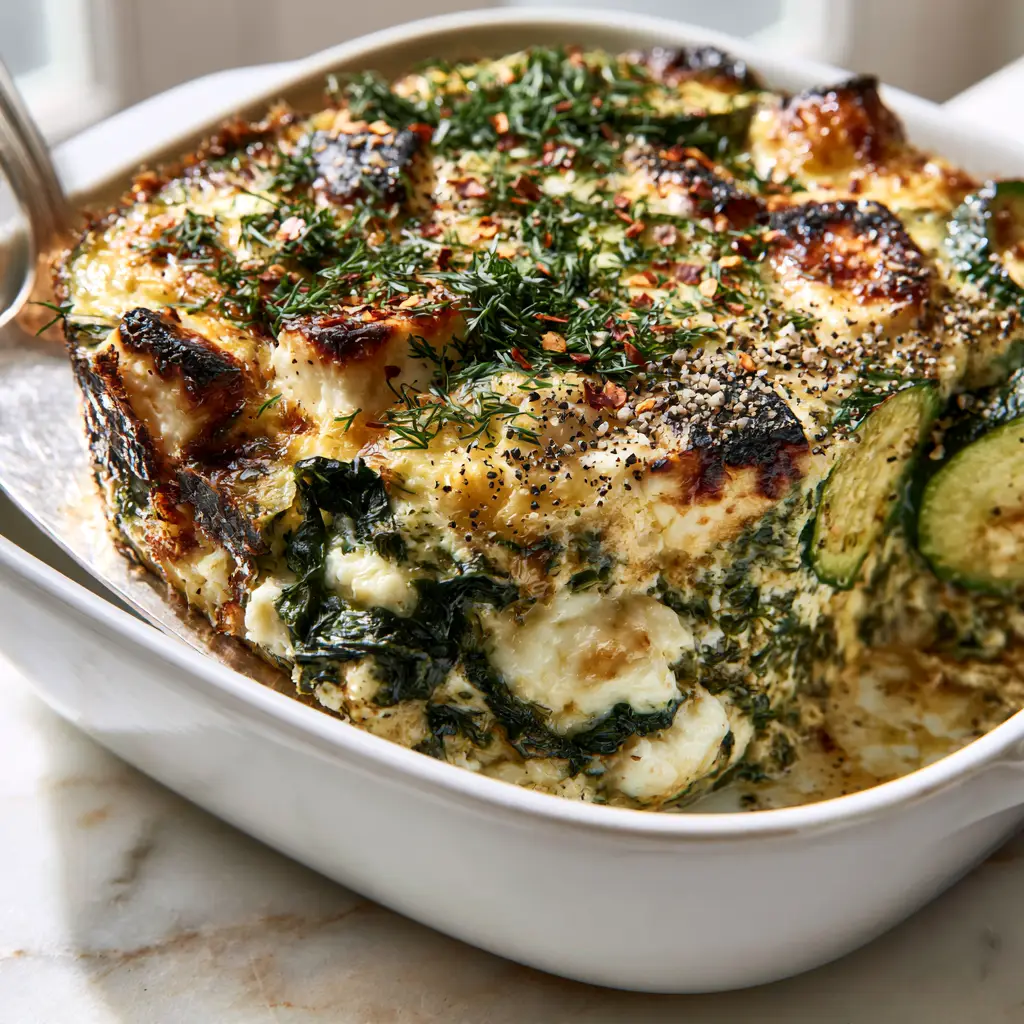 Zucchini Spinach Feta Casserole: The Ultimate Mediterranean Savory Bake 1 Detailed interior view of a zucchini spinach feta casserole square, highlighting the moist texture and crispy browned edges.