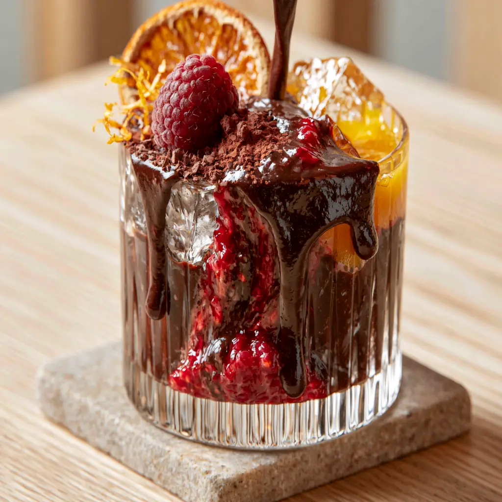 Fruit Cocoa Punch: A Refreshing Raspberry and Chocolate Orange Indulgence 1 Close up of Fruit Cocoa Punch garnishes including a dehydrated orange wheel and fresh raspberry.