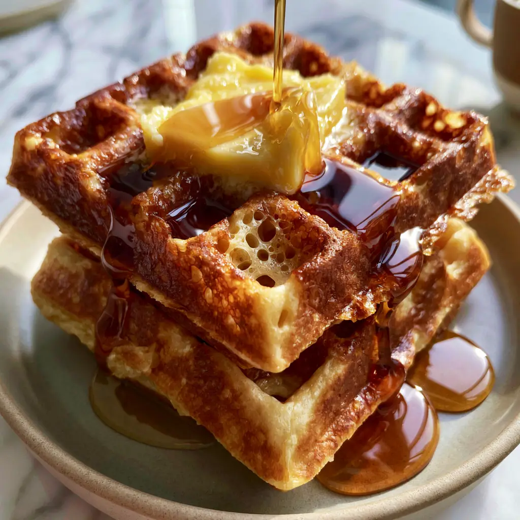 Golden Butter Waffles: The Ultimate Shatter-Crisp Belgian Recipe 2 Close up of golden butter waffles ridges showing aerated texture and glistening melted butter.