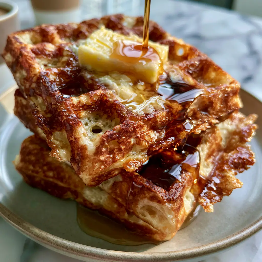 Golden Butter Waffles: The Ultimate Shatter-Crisp Belgian Recipe 1 Handheld photo of golden butter waffles on a marble countertop with a morning coffee cup.