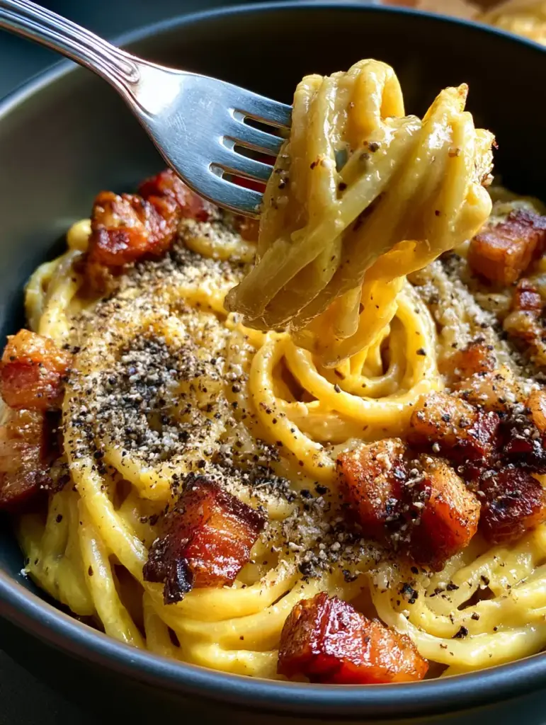 Italian Carbonara: The Definitive Guide to Authentic Roman Perfection 2 Close-up of thick spaghetti noodles coated in a luminous pale-yellow egg and pecorino sauce for an Italian Carbonara.