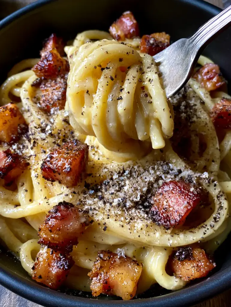 Italian Carbonara: The Definitive Guide to Authentic Roman Perfection 1 Overhead view of crispy fried guanciale nestled in spaghetti with coarsely cracked black pepper on Italian Carbonara.
