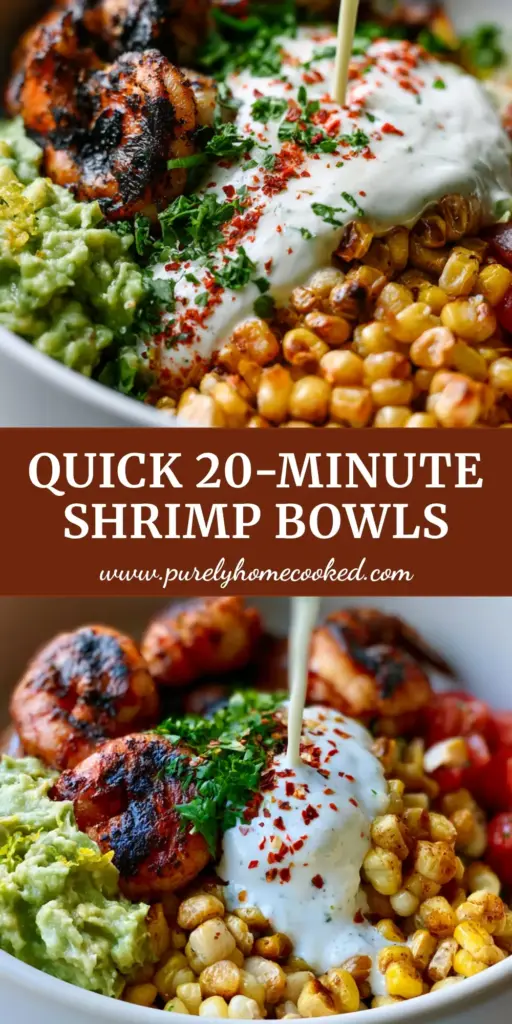 A vibrant dinner bowl featuring blackened jumbo shrimp, chunky smashed avocado with lime zest, and a thick stream of creamy cilantro-lime sauce. (Grilled Shrimp and Avocado Bowls)