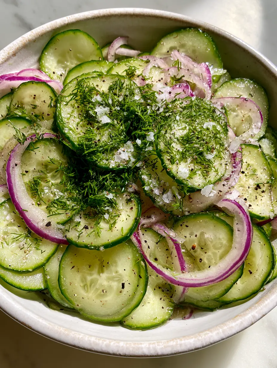 Close-up of translucent Persian cucumber slices and thin red onion rings in a cucumber onion salad.