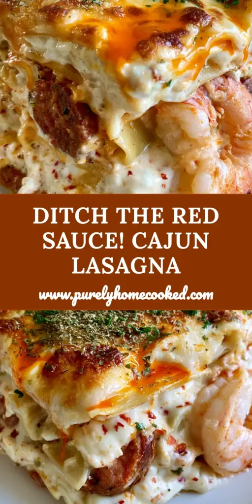 Cajun Lasagna: The Ultimate Creamy Seafood and Smoked Sausage Fusion 4 A tall, multi-layered slice of cajun lasagna on a white plate showing bubbly mozzarella, pink shrimp, and andouille sausage slices.