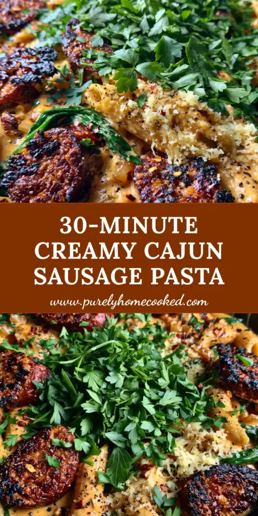 Overhead view of Cajun smoked sausage alfredo pasta in a black skillet with charred andouille and orange sauce.