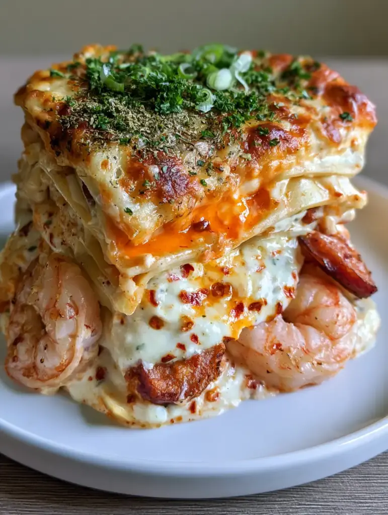 Cajun Lasagna: The Ultimate Creamy Seafood and Smoked Sausage Fusion 2 Extreme close-up of cajun lasagna layers with orange spice oil pooling on golden melted cheese.