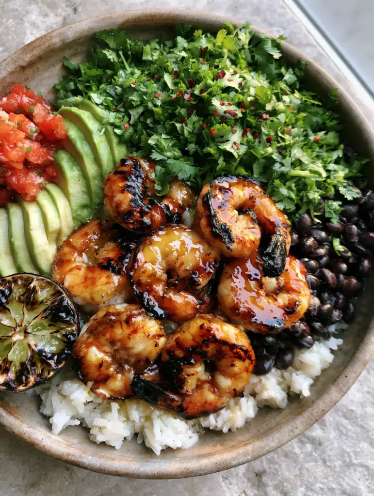 Cilantro Lime Shrimp Bowls with Garlic Butter and Charred Lime 1 High-angle photo of a complete Cilantro Lime Shrimp Bowl with avocado, pico de gallo, and charred lime on a grey background.