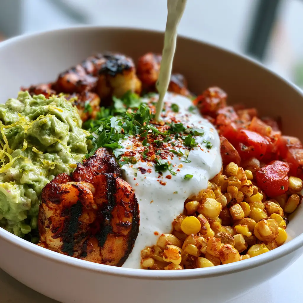 Close up of creamy white cilantro-lime dressing being poured over a bowl of shrimp and avocado. (Grilled Shrimp and Avocado Bowls)