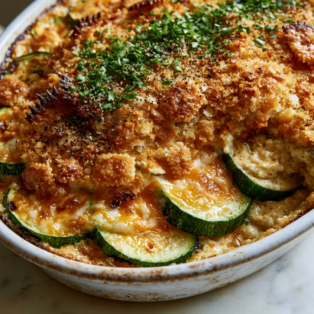 Zucchini Casserole with Buttery Ritz Cracker Crust and Sharp Cheddar 2 High-detail view of a zucchini casserole showing bubbling cheese and thick zucchini half-moons under a toasted cracker topping.