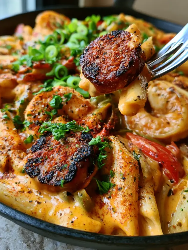 Creamy Jambalaya Pasta with Seared Andouille and Succulent Shrimp 1 High-angle shot of Creamy Jambalaya Pasta in a rustic skillet with a silver fork lifting a pasta shell.