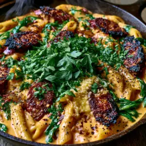Close-up of Cajun smoked sausage alfredo pasta showing charred sausage edges and velvety orange cream sauce.