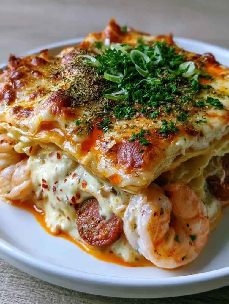 Cajun Lasagna: The Ultimate Creamy Seafood and Smoked Sausage Fusion 1 Side view of a cajun lasagna slice showing thick bechamel, shrimp, and smoky andouille sausage.