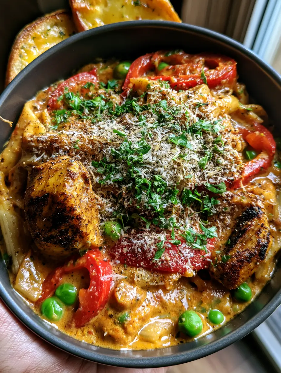 Cajun Chicken Penne Pasta: The Ultimate Creamy, Spicy Comfort Bowl 3 Top-down view of a person holding a bowl of Cajun chicken penne pasta with a glossy orange sauce and blackened chicken chunks.